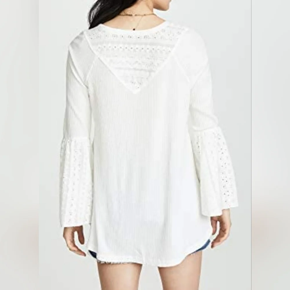 Free People Parisian Nights Bell Sleeve Eyelet Knit Long Sleeve Top sz S